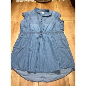 Chambray High-Low Drawstring Shirt Dress - Light Blue